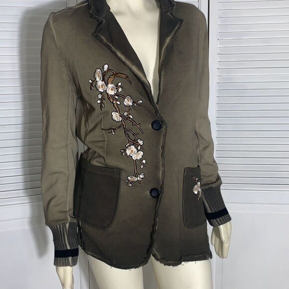 NWT Soft Surroundings Women’s Boho Mixed Media Floral Embroidered Olive Green Ja - Picture 1 of 14
